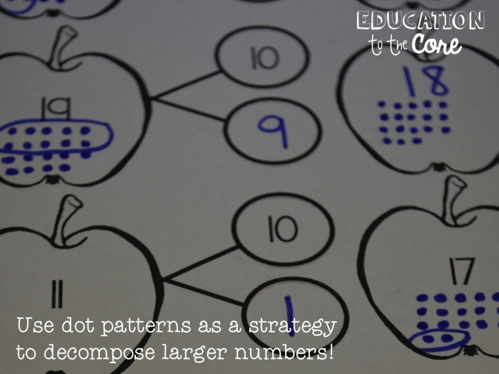 Apple Life Cycle Activities: For Math, we continued to focus on composing and decomposing numbers using number bonds. I also had them do some skip counting, tallying, fractions, and patterning activities. I know that patterns are not in the math section of the Common Core, but I am a little old school and I believe there is much value when kids can recognize and continue a pattern.