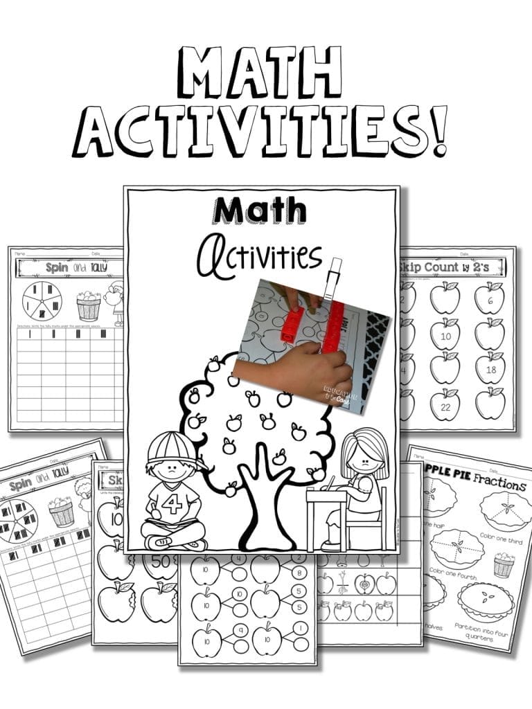 Apple Life Cycle Activities: For Math, we continued to focus on composing and decomposing numbers using number bonds. I also had them do some skip counting, tallying, fractions, and patterning activities. I know that patterns are not in the math section of the Common Core, but I am a little old school and I believe there is much value when kids can recognize and continue a pattern.