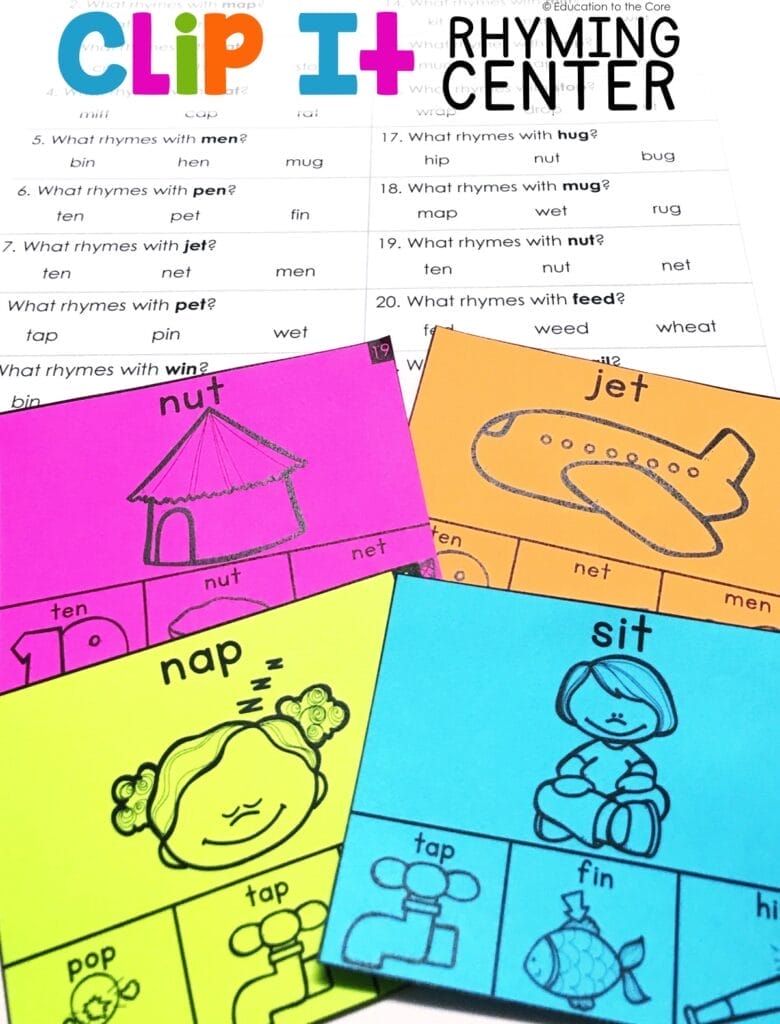 Students will recognize and produce rhyming words by reading the picture and "clipping" the rhyming word on the bottom of the card.