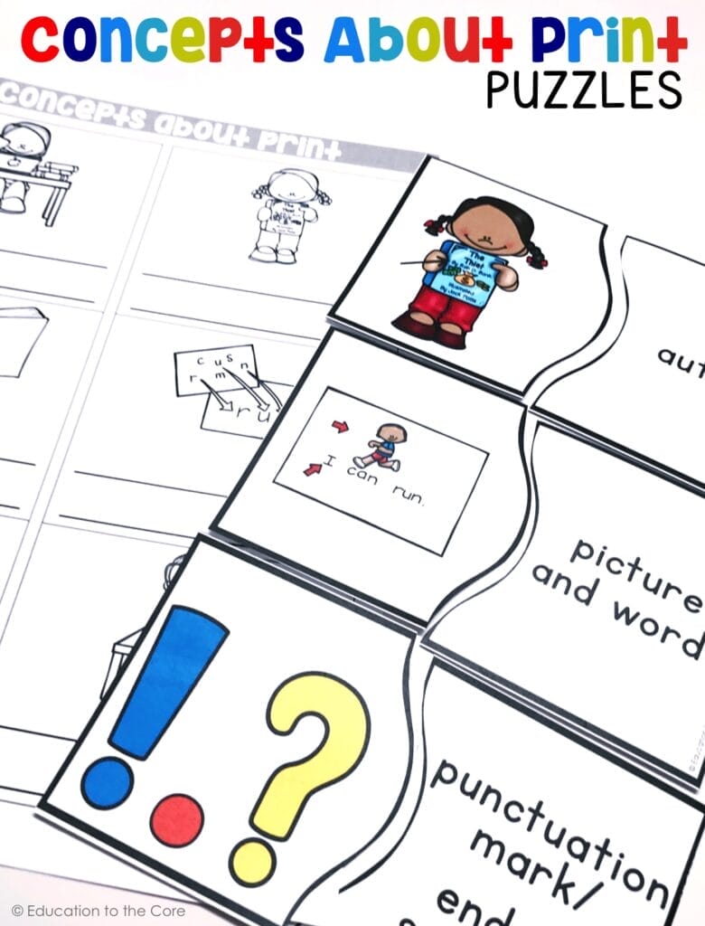 Students will demonstrate understanding of the organization and basic features of print by matching the pictures with their definitions.