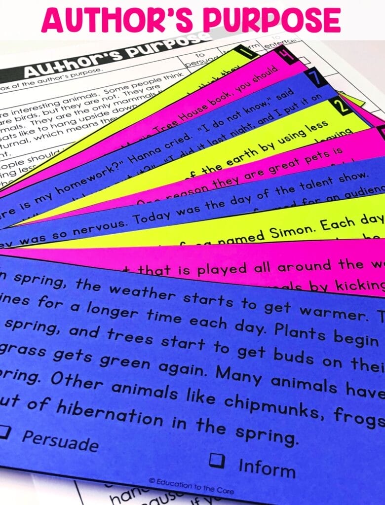 Students will be reading paragraphs on each task card and stating the author's purpose.