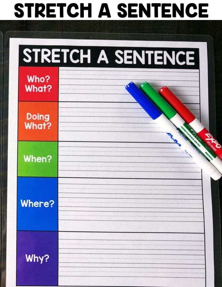 Students will grab a subject card and write a sentence about that subject using the "Stretch a Sentence" mat.