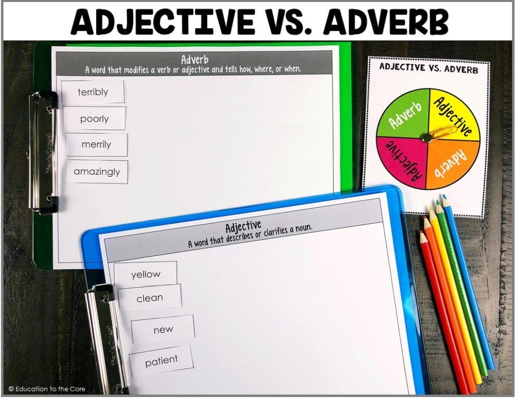 Adjective Vs. Adverb: This center helps students to distinguish the difference between adverbs and adjectives. Students will sort adjectives and adverbs using the mats provided. This center includes: 2 spinners, 96 cards and 2 mats