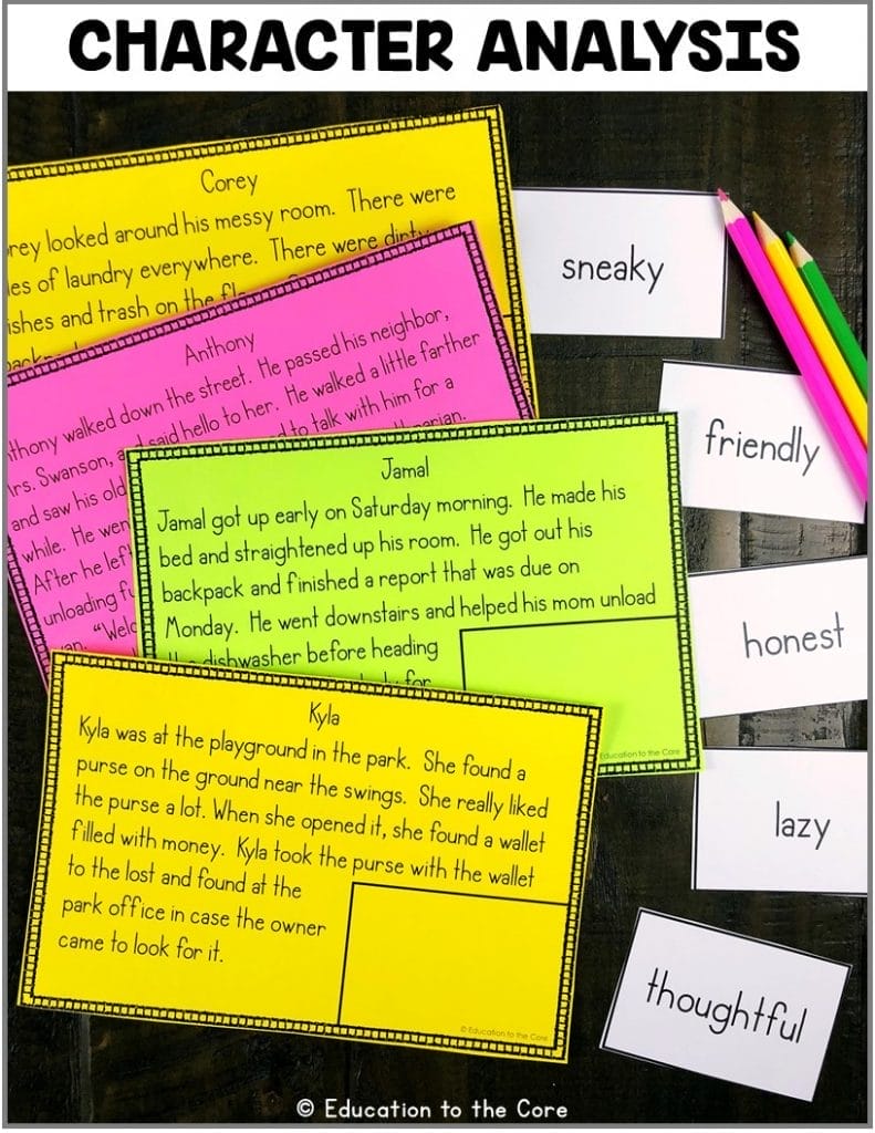 Character Analysis: Students will be reading the story about a character and complete the character analysis mats. This center includes: 16 stories, 16 character traits