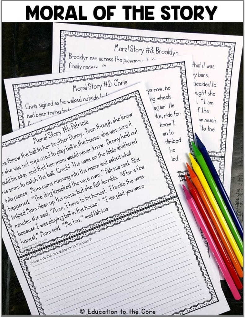 Moral of the Story: Students will be reading a story and complete the "Moral of the Story" Mat. This center includes: 16 stories, 16 character traits