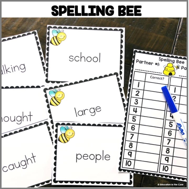 Spelling Bee: Students can practice "being the teacher" and giving a 10 word spelling test with common 2nd Grade sight words! They can also keep tally by using the cards provided.