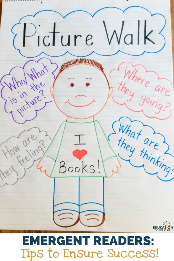 Many emergent readers are reluctant to pick up a book and “read”. This may be for many reasons… they don’t know how to read in the normal sense, they haven’t been exposed to books, or they don’t see themselves as a “reader”. You can teach them that even if they don’t yet know how to read, they can still tell a story from a book. Asking guiding questions will be very important. I always ask “Who/What is in the picture?” “Where do you think they are going?” What are they doing?” “How/What might (character) be feeling/thinking?” “Why do you think that?” The questioning possibilities are endless.