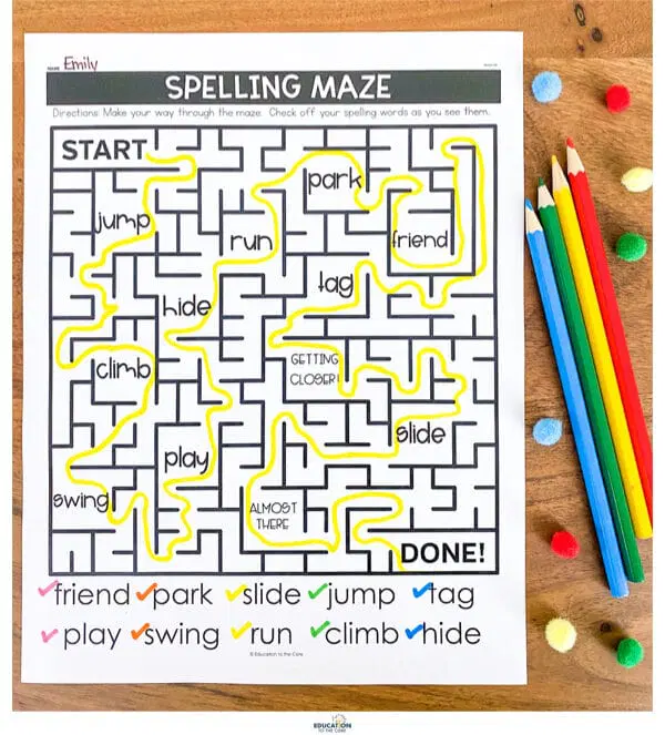 homework for spelling words