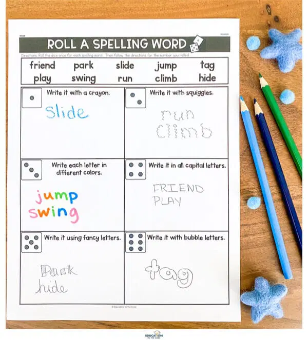 elementary school spelling homework ideas